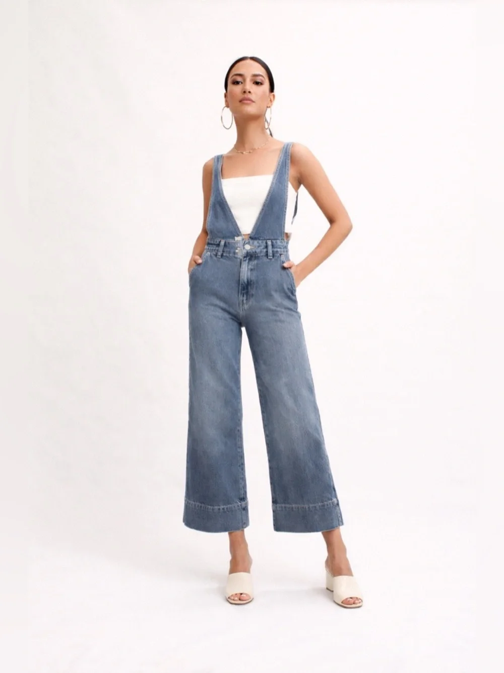 Free People Blue Denim Cropped Wide Leg Overalls  Sz. 8 - Picture 1 of 9